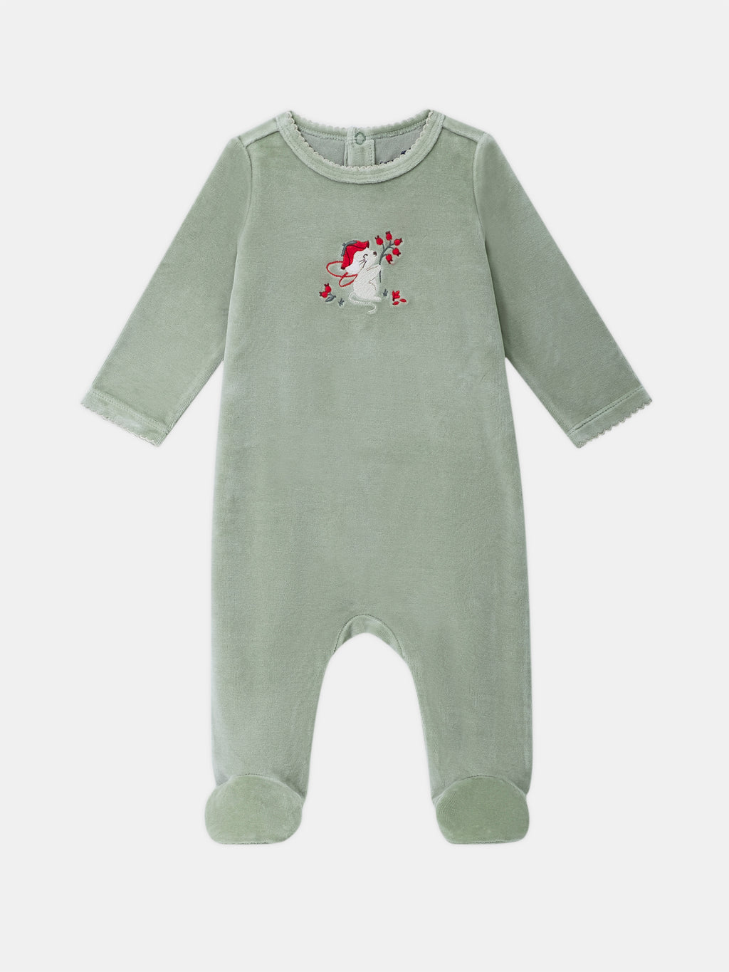 Sage green velvet embroidered sleepsuit — Baby girl